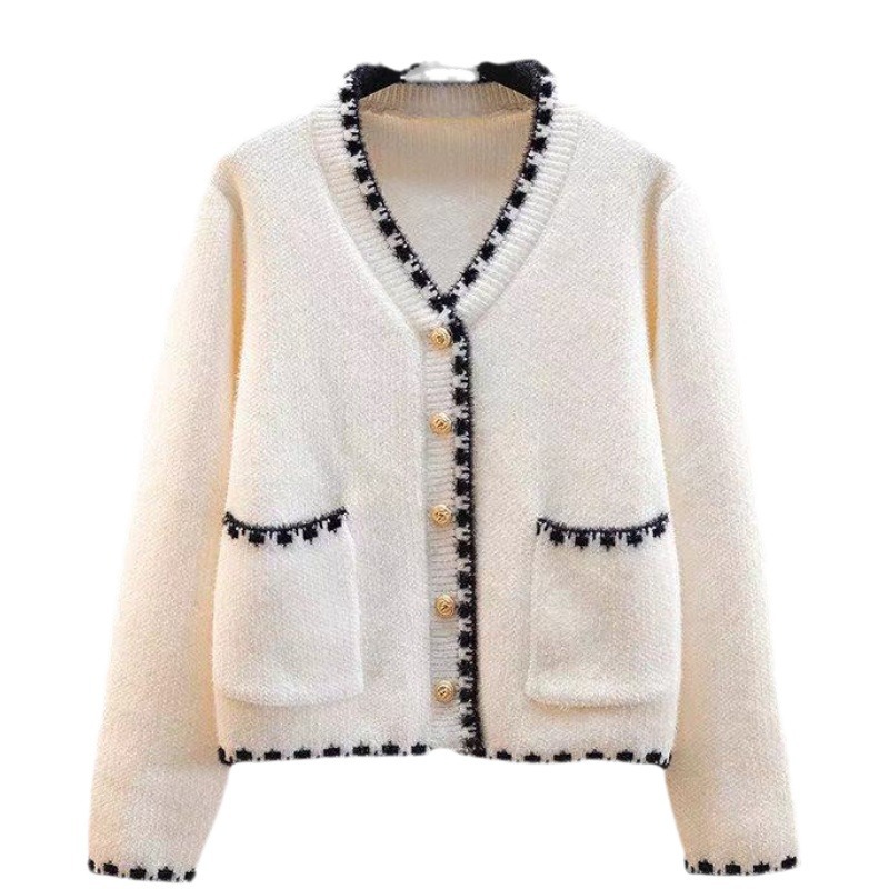 Xiaoxiang style knitted cardigan 2023 autumn and winter new item, chenille mink fur V-neck sweater women's coat_voghion.com