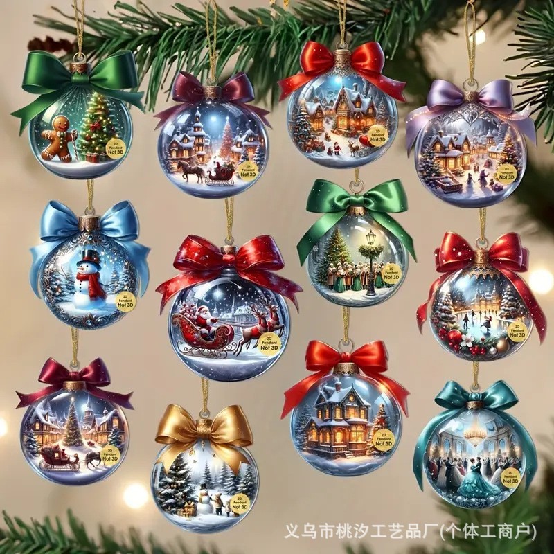 12个装木质圣诞球装饰套装平面木吊坠节日树木家居窗户装饰挂件|undefined