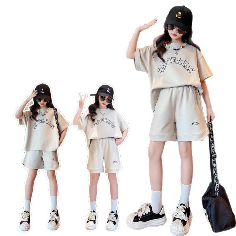 Girls' Summer Sports Suit 2025 New Fashionable Girl Letter T-Shirt Five-Quarter Pants Korean Style Two-Piece Set