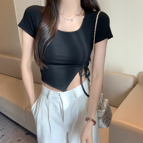 Summer Tight Short Sweet and Spicy Sister Revealing Navel Drawstring Slit Asymmetrical Square Collar Short-Sleeve T-Shirt for Women, Ins Pure Desire Top