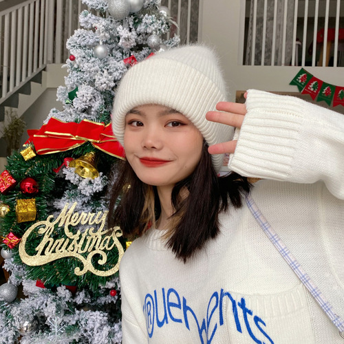 [Rabbit fur] White woolen hat for women, trendy Korean ins trendy autumn and winter style cold hat, warm pullover knitted hat