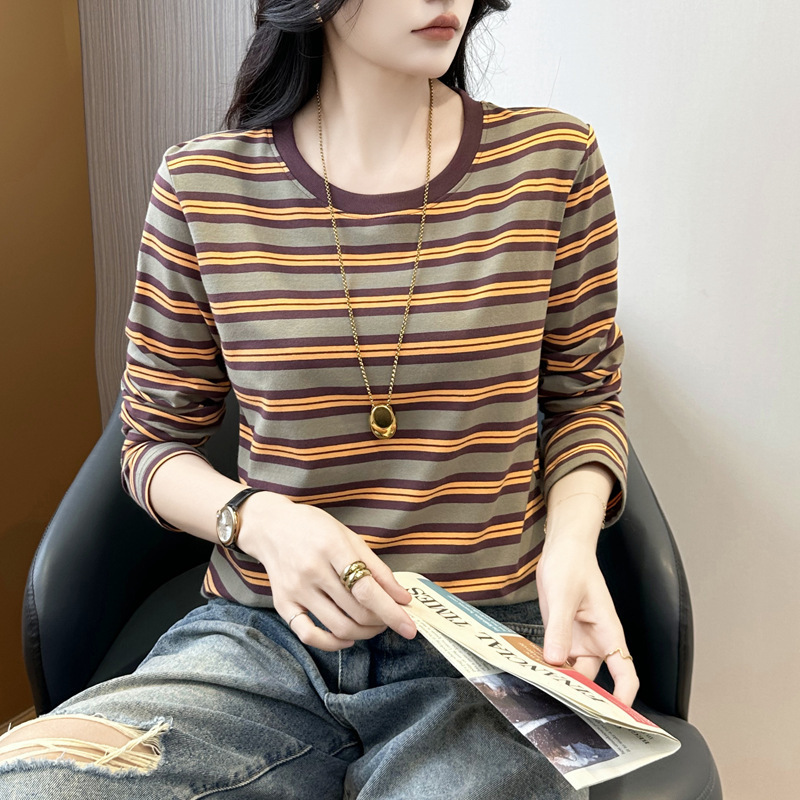 High-end 95% cotton round-neck striped long-sleeve T-shirt for women, 2026 spring/autumn new collection, slimming and fashionable color-block top