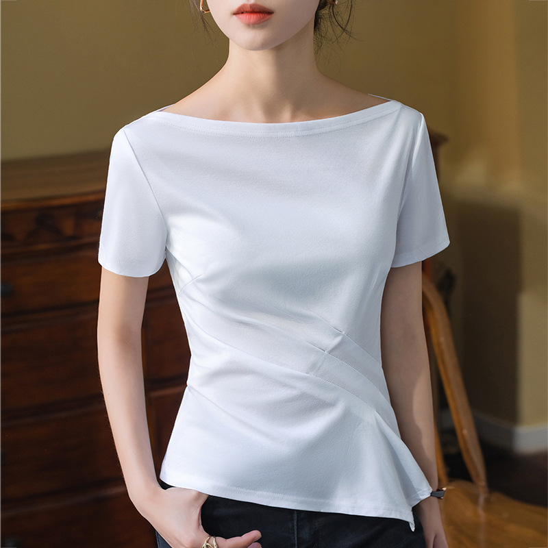 Camiseta de manga corta de algodón mercerizado de doble cara para mujer verano 2023 nueva Camiseta de algodón fuera del hombro camiseta irregular image 3