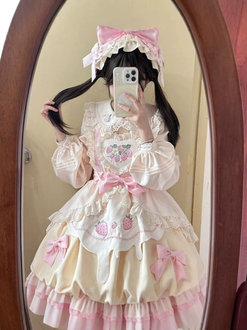 Lolita JSK (Genuine design) cute strawberry print, pastel bows, sizes S–XL