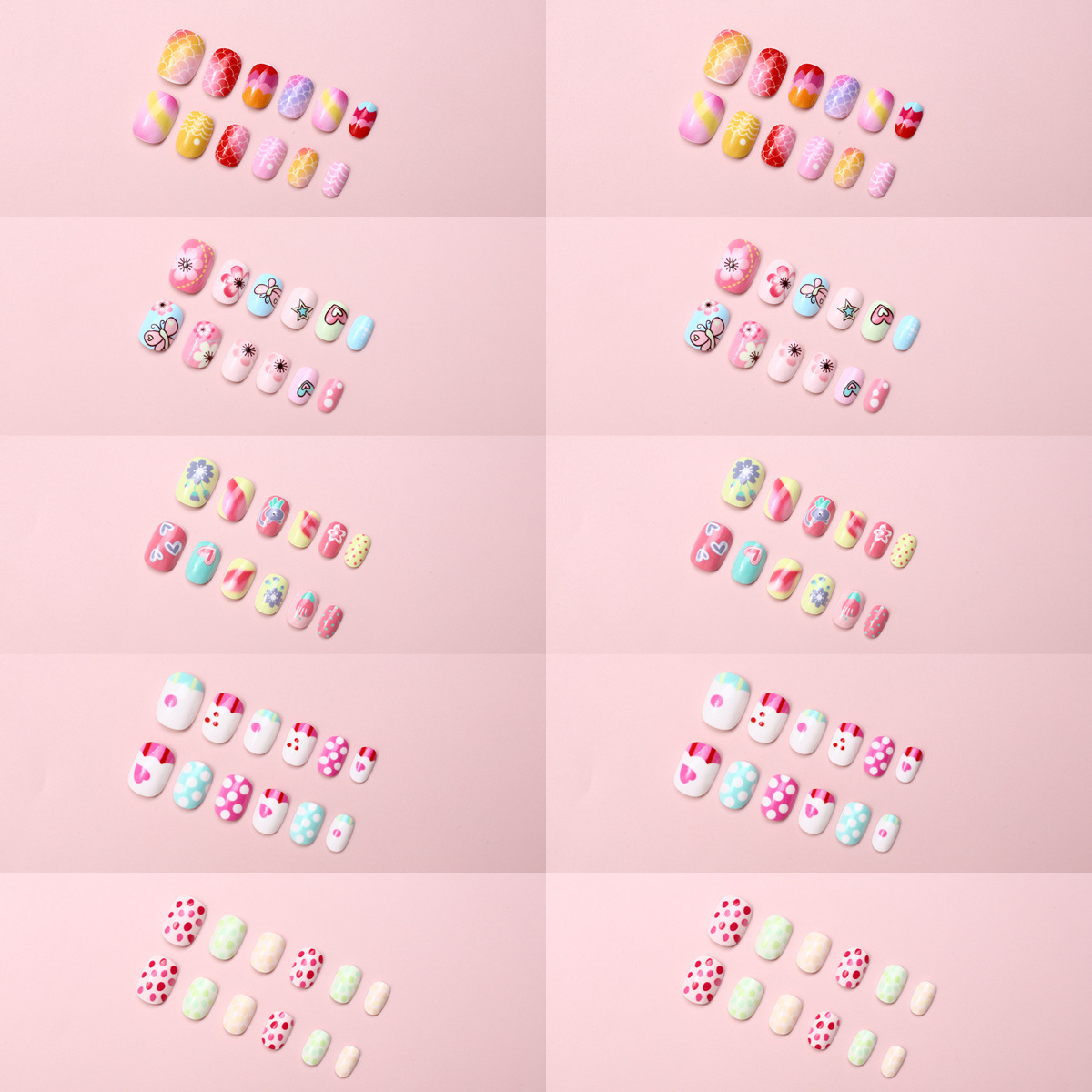 Nuevo niño impresión UV desgaste de uñas 120 piezas de caja de uñas falsas lindas dibujos animados mezclados parches de uñas