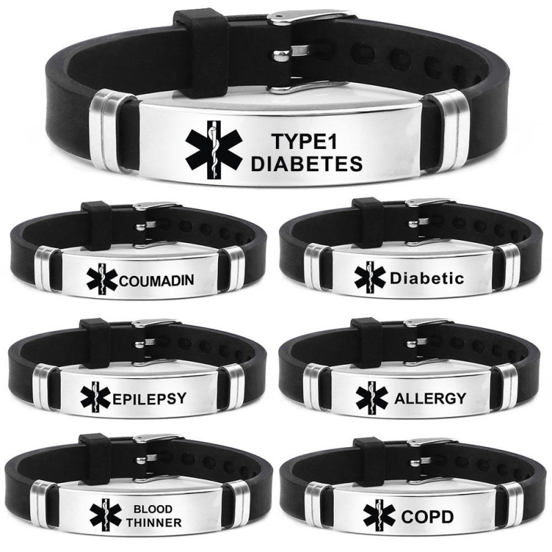 Warning Message Adjustable Sports Bracelet Type1 Diabetes Stainless Steel Star of Life Medical Silicone Bracelet