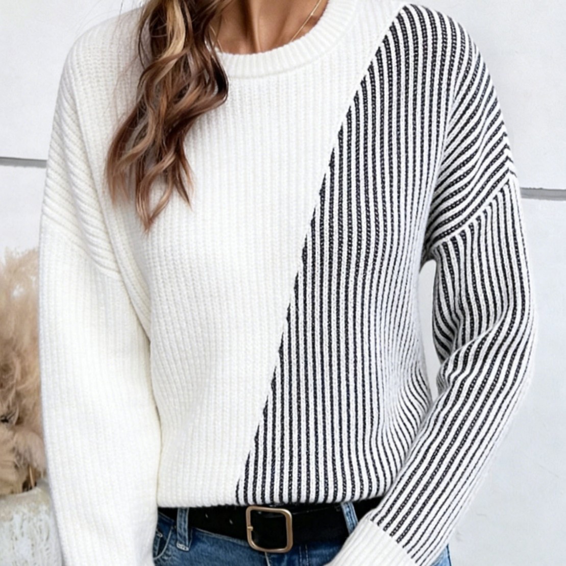 Amazon fashion color-blocked striped sweater for women in autumn and winter, loose and versatile round neck long-sleeved sweater, cross-border foreign trade model