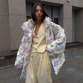 跨境外贸印花棉服外套女欧美2025秋冬立领拉链棉袄保暖棉服外套女