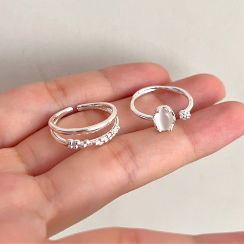 Moonstone simple plain ring high-end ring women's fashion double-layer textured open ring stacked index finger ring