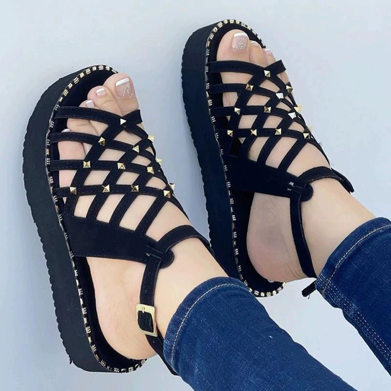 Summer lattice sandals with studded platform, breathable strappy design, plus size European style