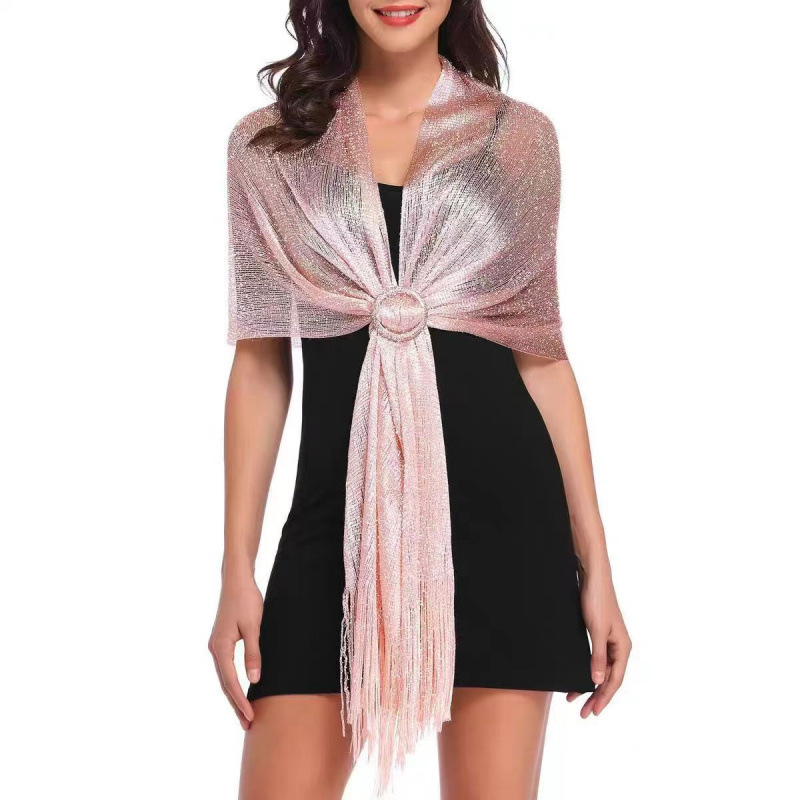 Cross-Border European and American Popular Gold and Silver Thread Beach Towel with Tassels, Scarf for Evening Parties, Balls, and Weddings