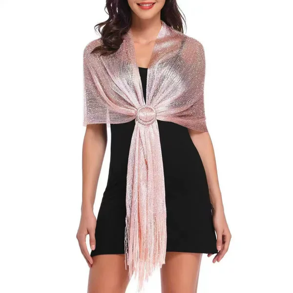 Cross-Border European and American Popular Gold and Silver Thread Beach Towel with Tassels, Scarf for Evening Parties, Balls, and Weddings