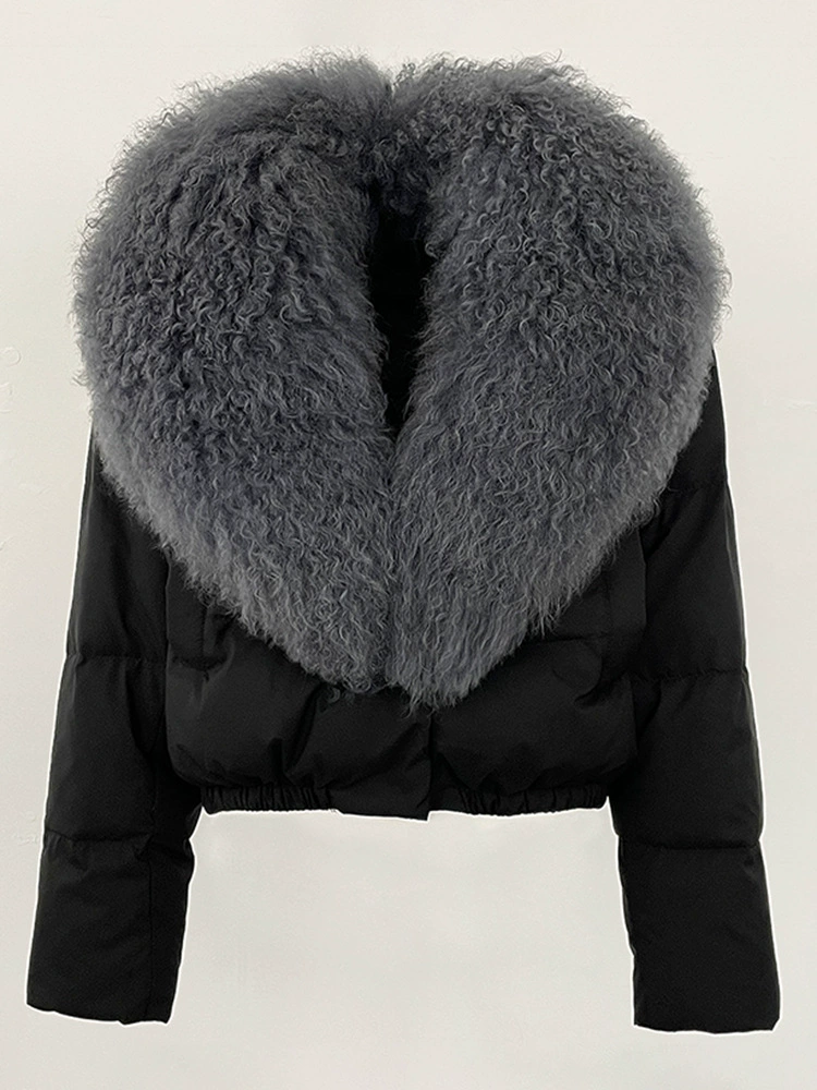 Down jacket Elite, velvet‑woolen shell, white duck down fill, detachable lamb‑wool collar