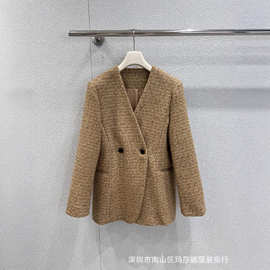 欧美风宽松粗花呢大衣短款女春秋气质长袖V领中款外套小个子黄色