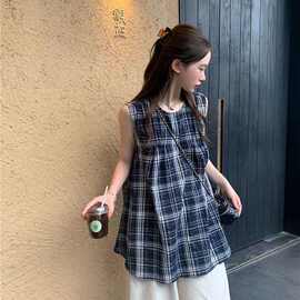 日系复古设计感格子圆领衬衫女夏季新款宽松无袖休闲娃娃衫上衣女