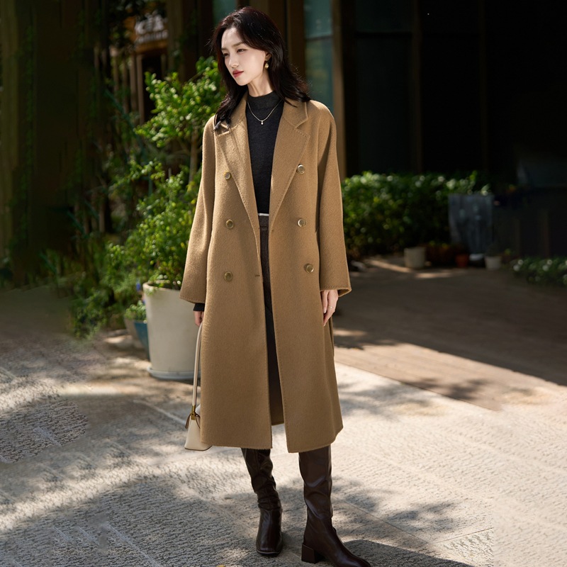 25年秋冬新款驼绒呢子外套女长袖纯色带兜显瘦百搭中长款大衣上衣