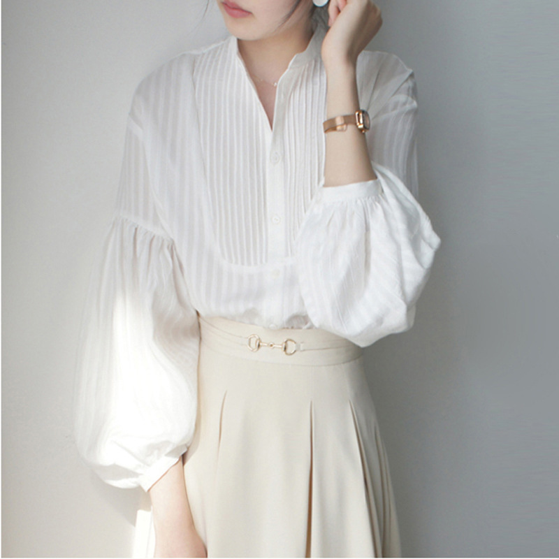 JOJOZ French Retro Dark Vertical Strip Pit Pleated Small Collar Loose Fashionable Artistic Lantern Sleeve Cotton Shirt