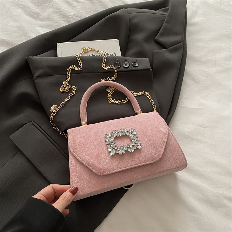 Versión coreana de simple y elegante color sólido 2025 verano nuevo casual cadena de cercanías bandolera bolso cuadrado pequeño de diamante brillante