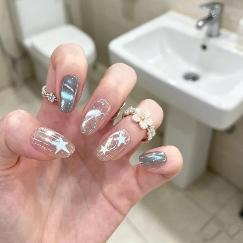 [Mint Stars] Ice-clear Mint Green Star Nail Art, Everyday Look, Short Style, 2026 New Collection, Press-on Nails