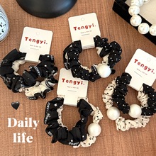 新款法式小香风黑色系波点珍珠小肠发圈少女高级感扎马尾头绳发饰