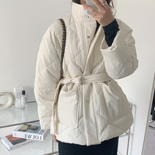 韓版冬季新款百搭高領菱形格加棉保暖大口袋系帶收腰棉服短外套女