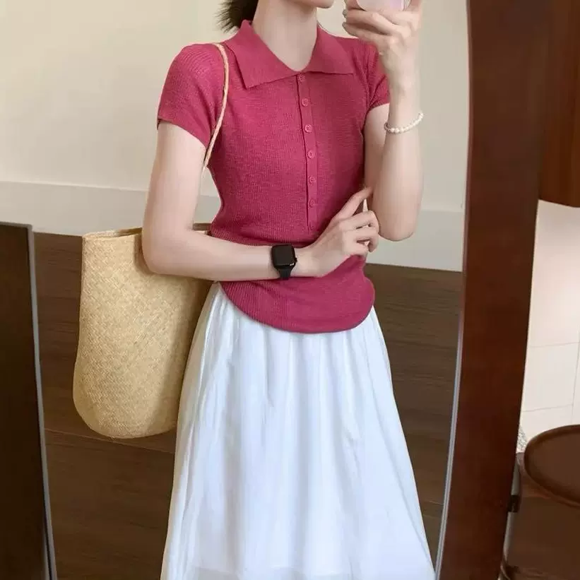纯欲辣妹半开领正肩短袖针织衫女夏季新款修身显瘦高级感短款上衣