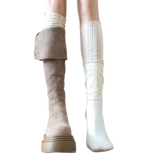 White lace-edged sock covers for women, puffy leg warmers, long socks matching tall boots, calf-length sock covers, Japanese-style cute socks