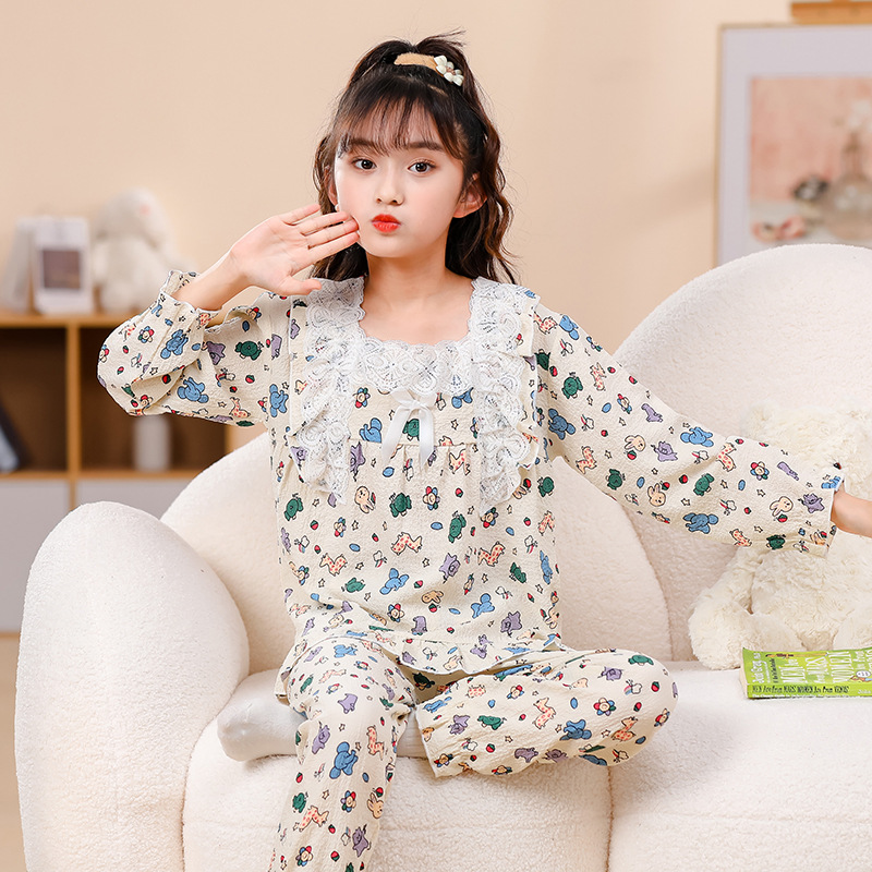 Pijamas infantiles primavera y otoño delgada espuma tela arrugada ropa para el hogar niñas dibujos animados aire acondicionado ventilado ropa de verano