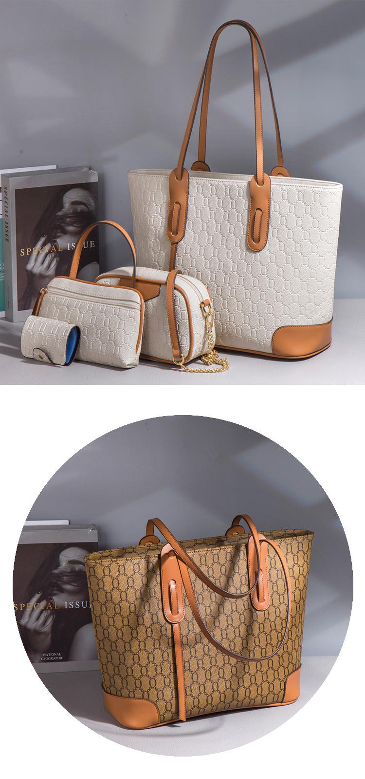 Damen-Handtaschen-Set, 4-in-1, weiche PU-Ledertasche mit Henkel, Tragetasche, Schultertasche, Umhängetasche, Geldbörse, Portemonnaie-Set_voghion.com