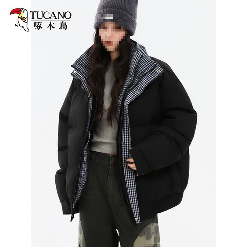 双层领假两件撞色棉服外套女冬季新款小个子加厚保暖面包服