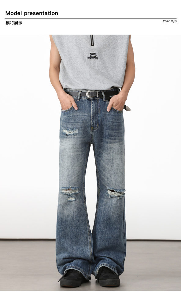 Quần jean nam ống loe nhẹ rách gối phong cách retro, dáng rộng ống suông tôn dáng, quần dài casual — Xanh nhạt, Xanh đậm chi tiết 9