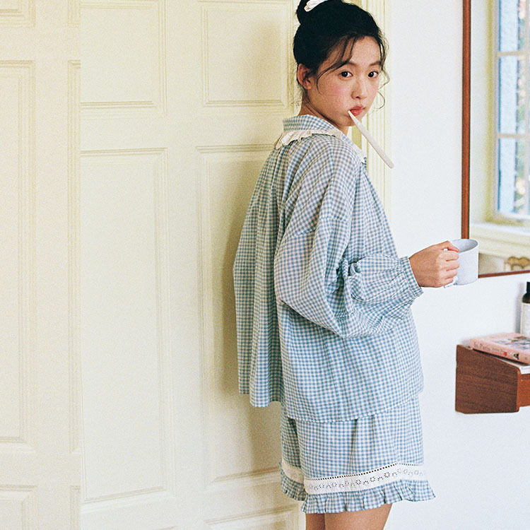 Retro Fashionable and Sweet Pajamas 100% Cotton Korean Style Spring and Autumn Blue Plaid Home Wear Set That Can Be Worn Outside in Summer Retro Fashionable and Sweet Pajamas 100% Cotton Korean Style Spring and Autumn Blue Plaid Home Wear Set That Can Be Worn Outside in Summer
