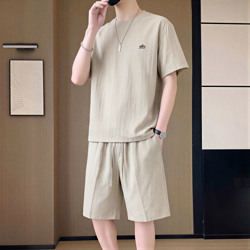Ice Silk Short-Sleeved T-Shirt and Shorts Set for Men, Loose, Quick-Drying, Solid Color, High-End, Breathable, Super Nice-Looking, Sports Two-Piece Set