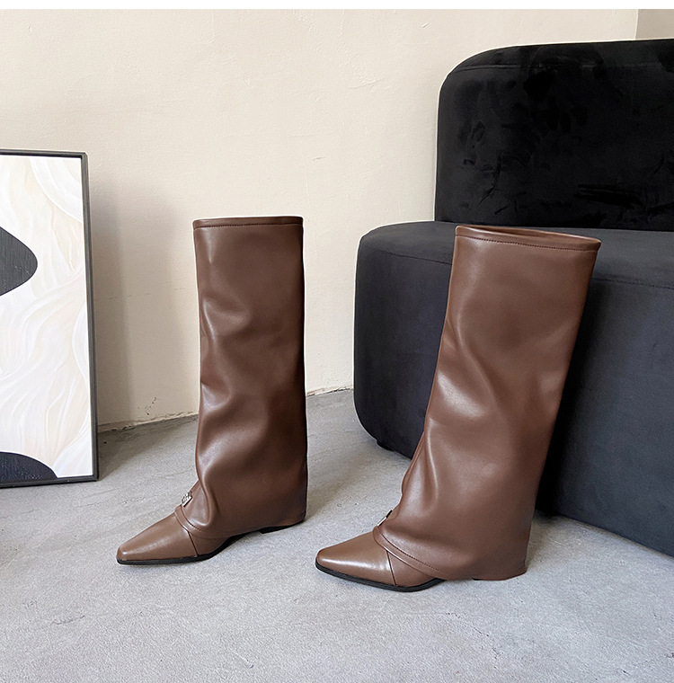 Boot nữ cổ cao mũi nhọn gót dày phong cách phương Tây — Lớp lót nhung đen chi tiết 22