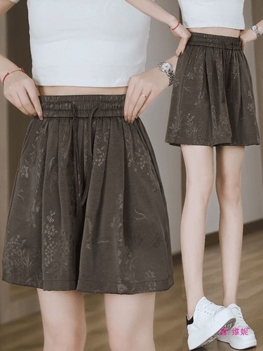 New Chinese Style National Wind Short Pants for Women, Summer New Arrival High-Waisted Loose Wide Leg 5-Finger Pants with Brocade Casual Dress Pants