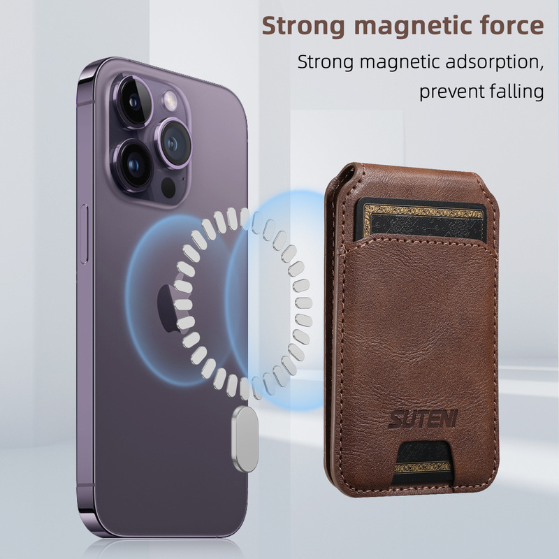 Suitable for Apple 15ProMax Android Universal Mobile Phone Magnetic Suction Card Case Card Cover MagSafe Magnetic Ring PU Leather