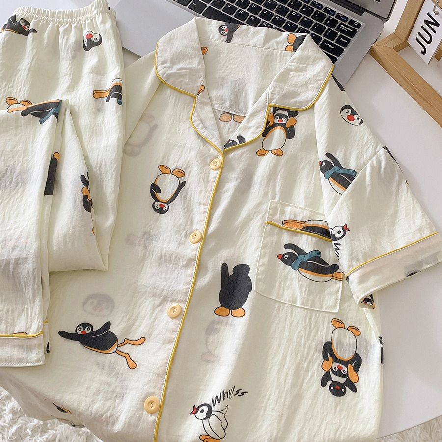 2024 nuevo suelto pingüino nubes algodón tres piezas de verano delgado mangas cortas pantalones cortos pantalones largos set de ropa para el hogar
