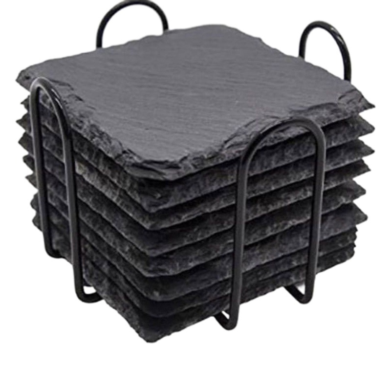 Retro negro pizarra traje de montaña de pizarra montaña redonda con marco de hierro pizarra Coaster bar almohadilla de aislamiento