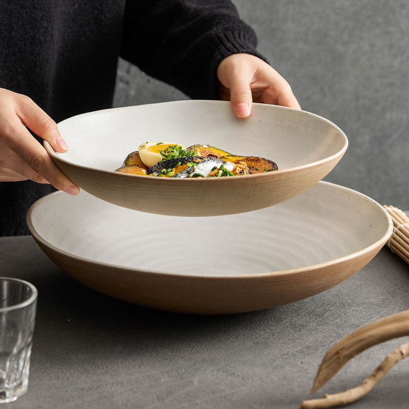 粗陶皿家庭用料理皿スープ皿高級感ホテルレストラン料理皿商用麺ボウル手ねじスープ皿|undefined