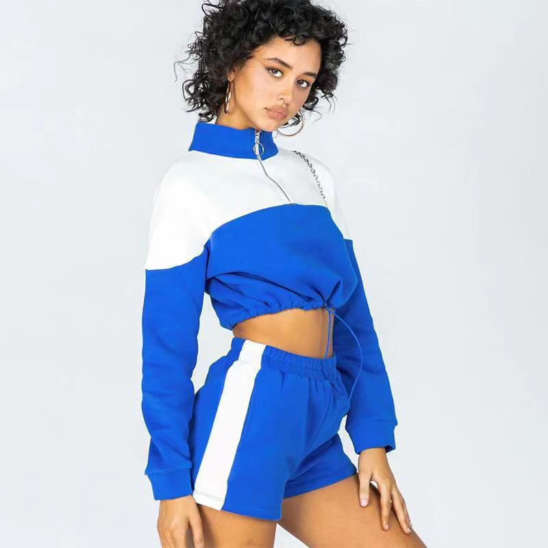 Pantaloncini casual da donna con coulisse a contrasto, felpa da donna, abito a due pezzi in quattro pezzi_voghion.com