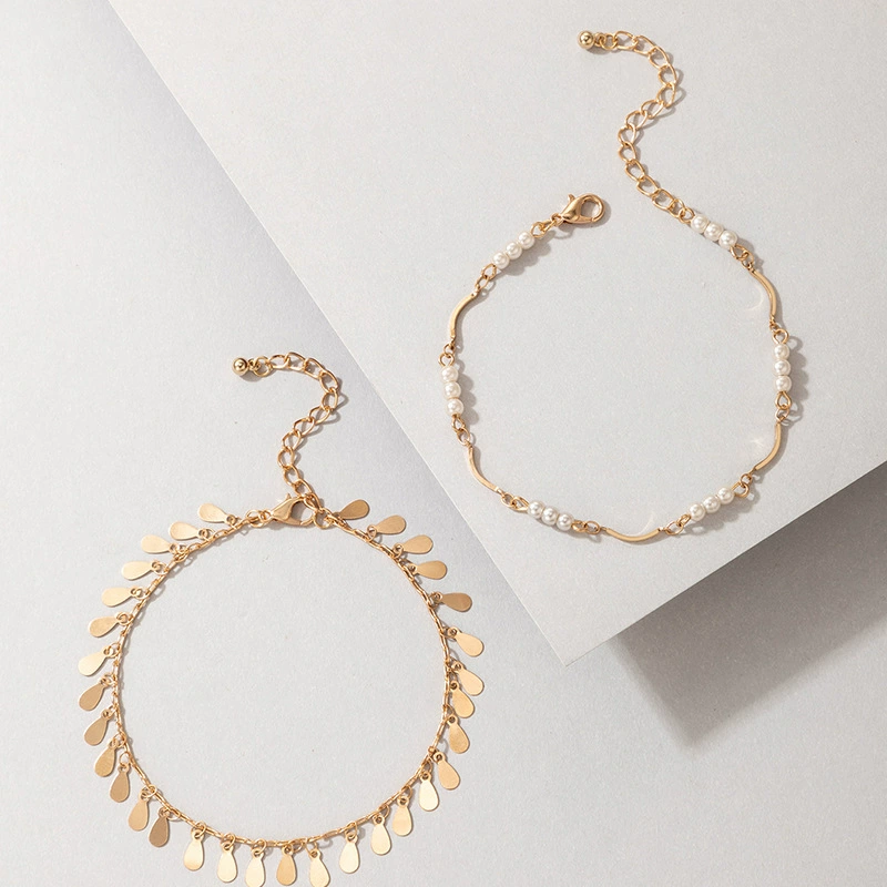 Ankle bracelet from pearl, metal golden water, chain, set, new collection, simple and elegant design