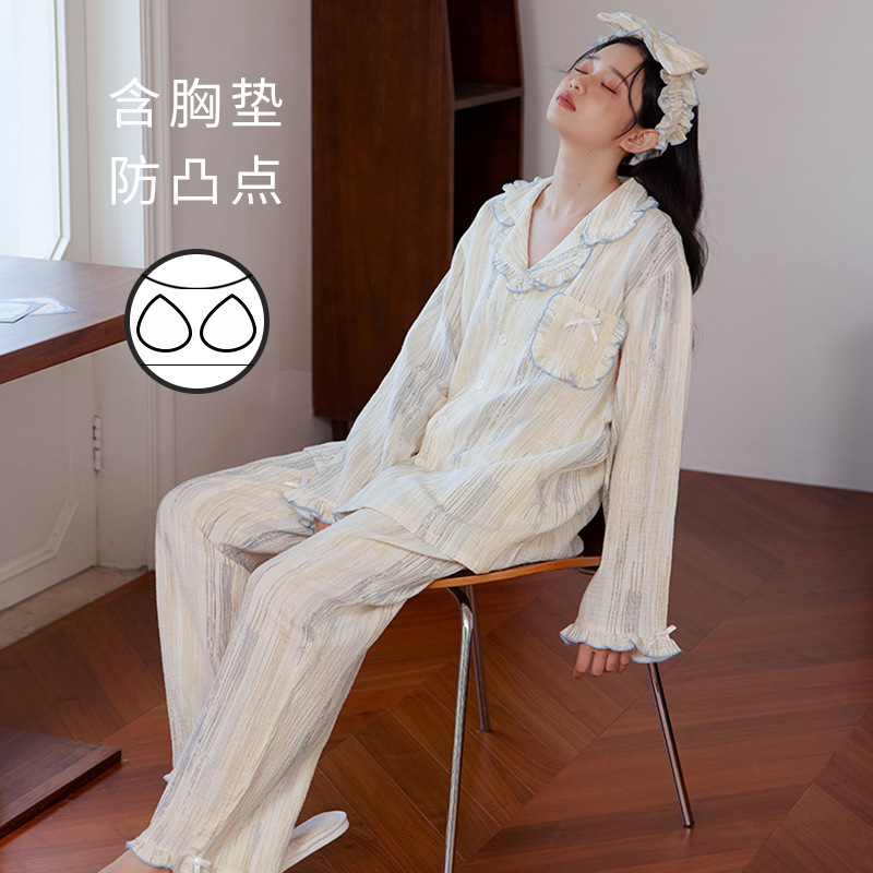 Soft skin-friendly cotton double-layer cotton yarn long-sleeved pajamas women's sweet lace collar autumn cotton home wear suit Soft skin-friendly cotton double-layer cotton yarn long-sleeved pajamas women's sweet lace collar autumn cotton home wear suit