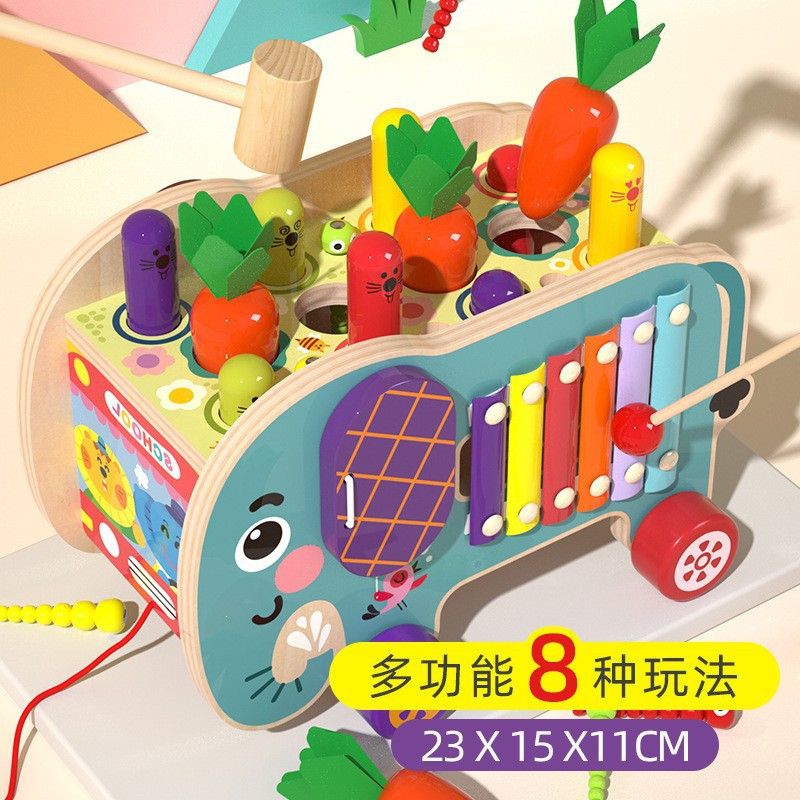 Juguete de madera para niños, elefante con piano para arrastrar, juego de golpear al mole, juguete educativo de aprendizaje temprano, percusión, bloques de construcción, coche de juguete divertido