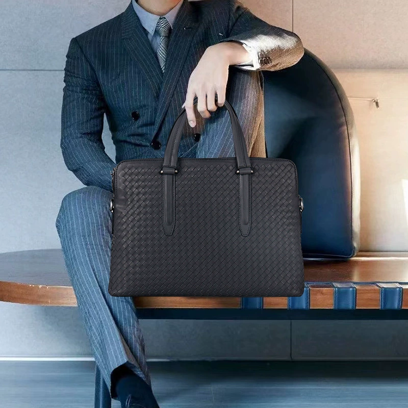 Prius brand 25 men's leather briefcase oil wax leather woven document bag double-zippered computer bag business man bag