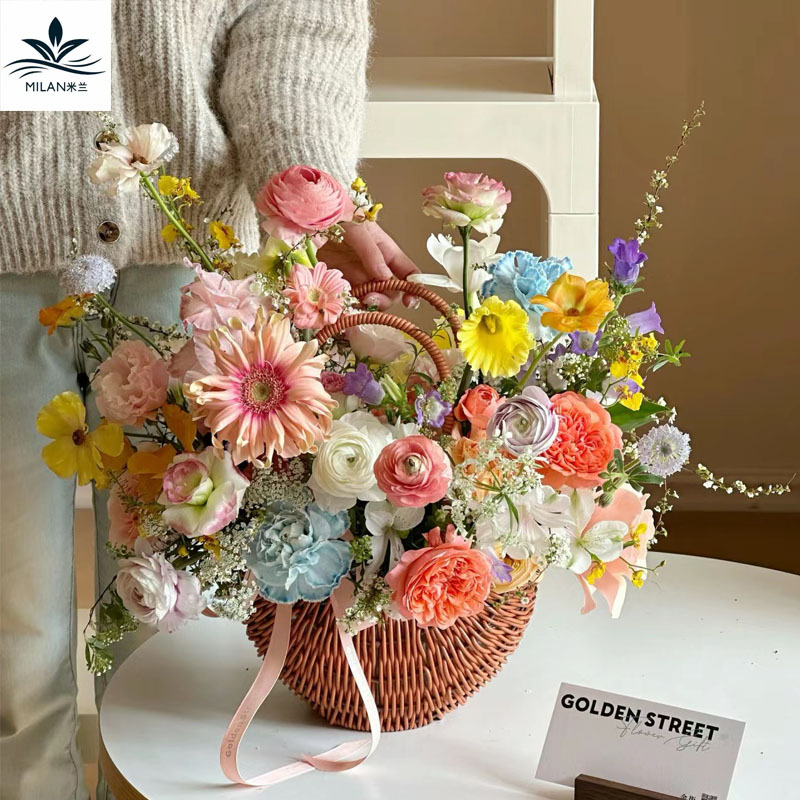 Cesta de hierro tejida a mano para el día del maestro, cesta de flores de mano de ratán de estilo pastoral retro, cesta de arreglo floral para salón, bricolaje