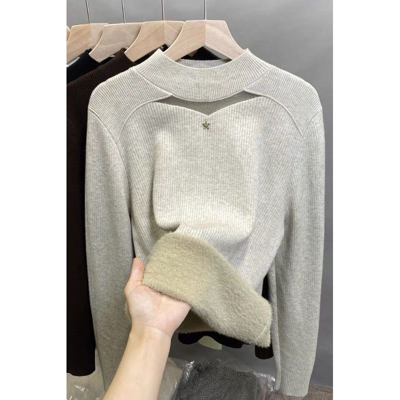 一体绒蕾丝半高领毛衣女加绒厚打底衫秋冬新款针织衫保暖内搭上衣