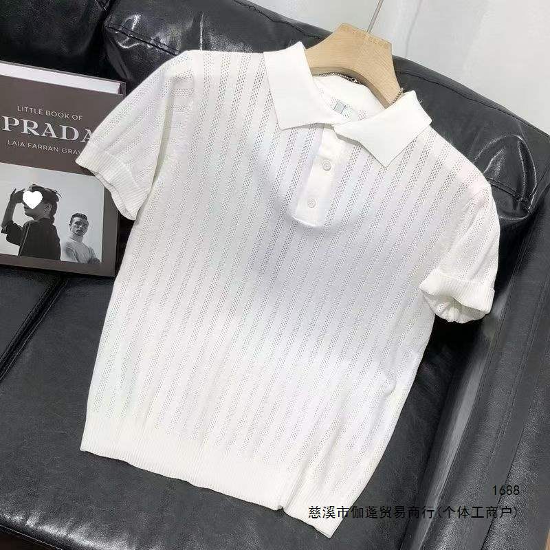 Striped knit short-sleeved men's polo shirt, summer mature and stable men's clothing, coffee color business slim fit turn-down collar t-shirt