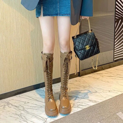 Boots, long boots, women's summer boots, new autumn white thick-soled boots, thick-leg lace-up high-top Martin boots