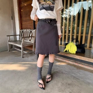 清仓不退换 夏季韩系简约风木耳边下摆直筒半身裙A10038(配皮带)