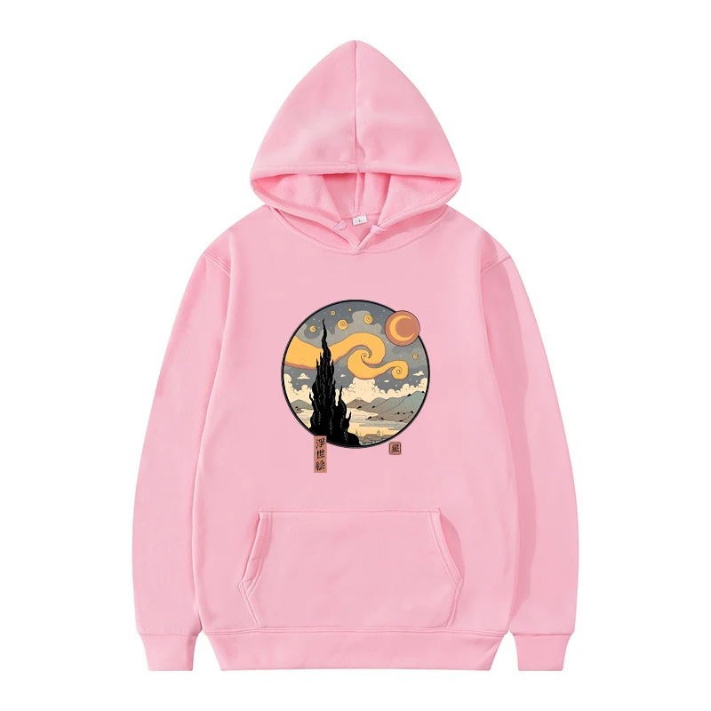 Starry Ukiyo-E Night Printed Hooded Sweatshirt Men's Autumn